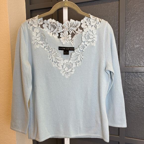 Ralph Lauren Womens Black Label Blue Cashmere Lace 3/4 Sleeve Sweater NWT - Picture 1 of 6